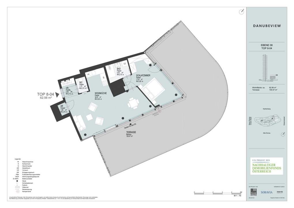 100M2 TERRASSE! Luxus Wohnen! Große 2 Zimmer Wohnung - direkt an der U1 Donauinsel