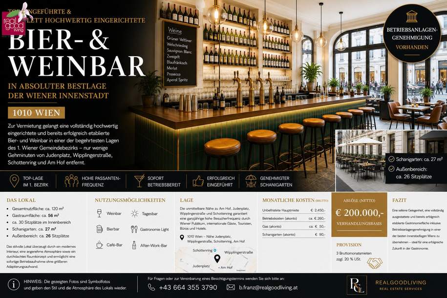 Exklusive Bier- & Weinbar in Toplage der Wiener Innenstadt – 1010 Wien, Gewerbeobjekt-miete, 2.850,00,€, 1010 Wien 1., Innere Stadt