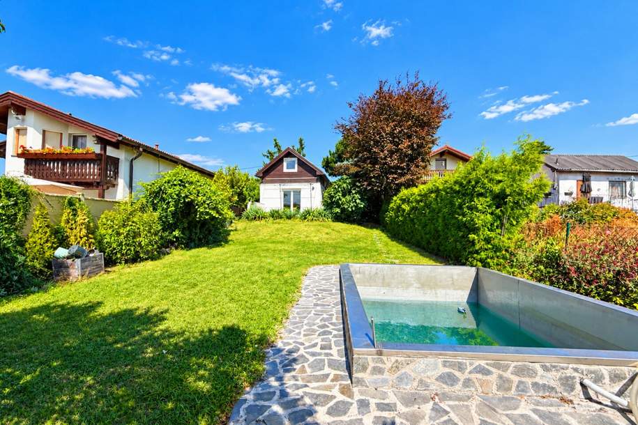 GROSSES KLEINGARTENGRUNDSTÜCK im Grünen I saniertes Sommerhäuschen mit Fernblick &amp; Edelstahl-Pool I schöner Weitblick I direkt bei der U-Bahn I gepflegter Garten, Haus-kauf, 389.000,€, 1100 Wien 10., Favoriten