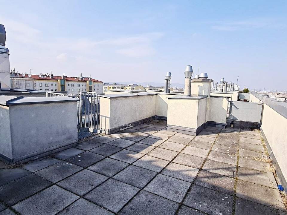 TOPGELEGENHEIT, Fernblick, 61 m2 Dachgeschoß mit 48 m2 Terrasse, Wohnküche, 1 Zimmer, Wannenbad, Parketten, Holbeingasse