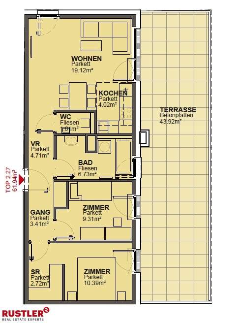 3 Zimmer DG mit 42m² Terrasse mit Blick ins Grüne - nähe Marchfeldkanal