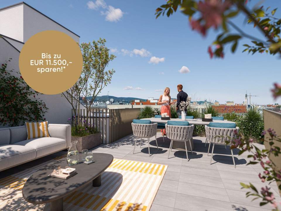 Nachhaltig &amp; hoch oben am Yppenplatz. – 3 m Raumhöhe XL Dachterrasse im Dachgeschoss