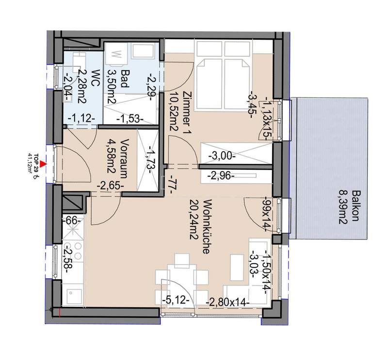 Geförderte Neubauwohnung mit 2 Zimmern in 1. Stock