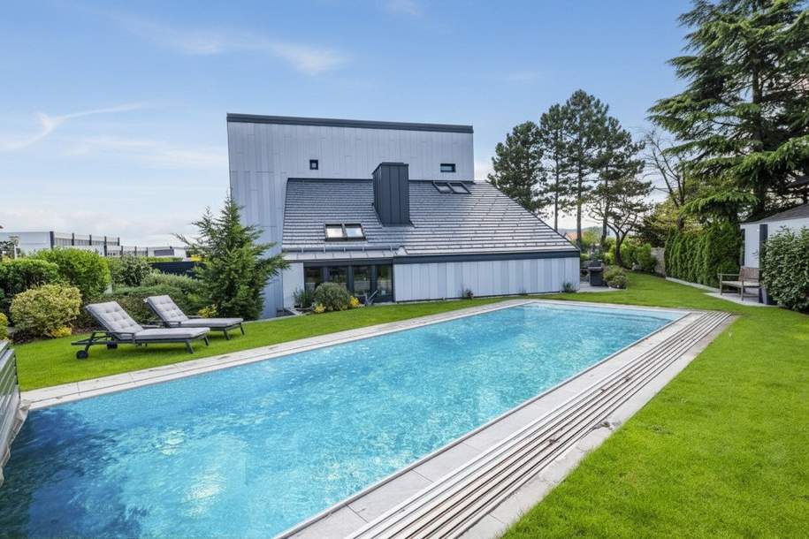 Alles möglich! Vom exklusiven Wohntraum bis zum Highclass-Firmenstandort (oder beides in einem) | Designerhaus mit traumhaftem Garten | Edelstahlpool, Sauna, Weinkeller | Doppelgarage, zwei Eingänge, Gewerbeobjekt-kauf, 995.000,€, 2700 Wiener Neustadt(Stadt)