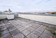 FERNBLICK, TERRASSENHIT, 61 m2 Dachgeschoß mit 48 m2 Terrasse, Wohnküche, 1 Zimmer, Wannenbad, Parketten, Holbeingasse