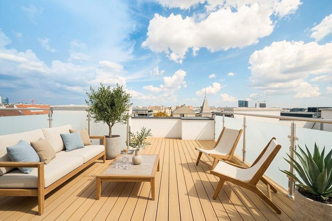 Über den Dächern des Stuwerviertels: elegante 3-Zimmer-Dachgeschosswohnung mit privater Dachterrasse nahe Prater