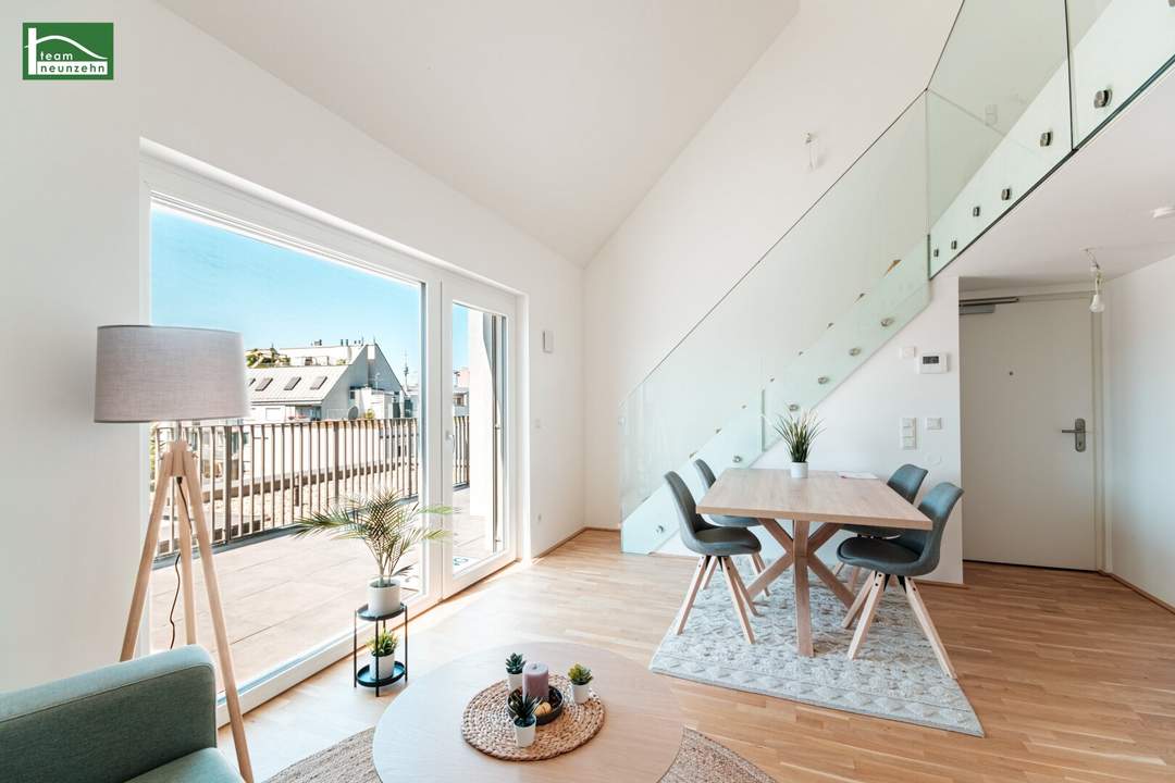 Traumhafte Erstbezugs-Maisonette mit Galerie, großer Terrasse und Weitblick nahe Kagraner Platz! Hochmoderne Ausstattung und Küche inkludiert. - WOHNTRAUM