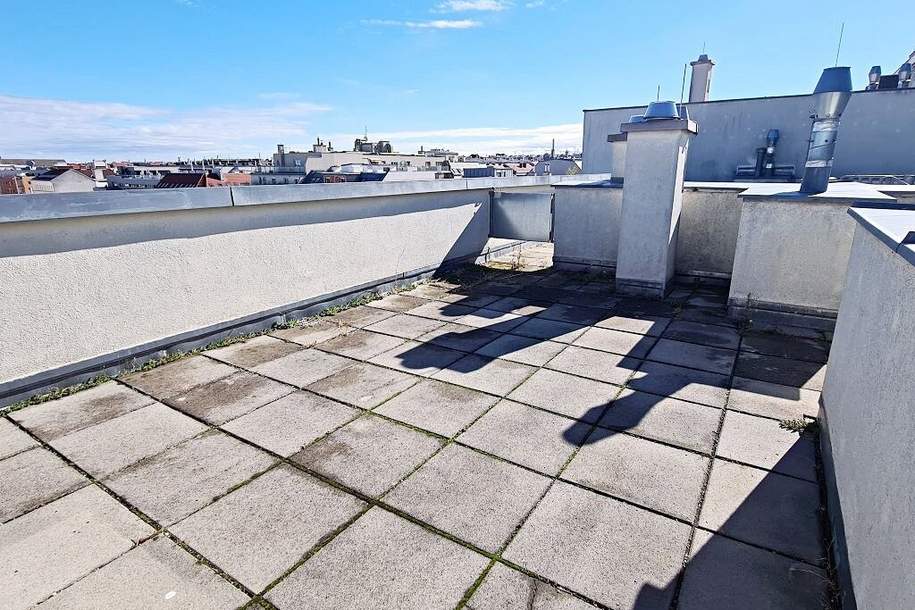 TERRASSENHIT, UNBEFRISTET, 84 m2 Dachgeschoß mit 64 m2 Terrasse, Wohnküche, 2 Zimmer, Wannenbad, Parketten, Fernblick, Holbeingasse, Wohnung-miete, 1.418,07,€, 1100 Wien 10., Favoriten