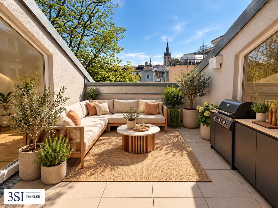 Sonnige Dachterrasse, Hohe Räume, Smarte Raumaufteilung – Elegante Dachgeschosswohnung im 3. Bezirk