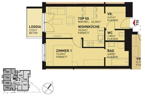 2-Zimmer-Wohnung Neubau mit Loggia und Balkon Außenfläche - Komplettküche - Kellerabteil - U3 und S-Bahn Simmering direkt gegenüber /S171 Top 55
