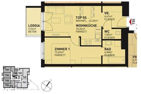 2-Zimmer-Wohnung Neubau mit Loggia und Balkon Außenfläche - Komplettküche - Kellerabteil - U3 und S-Bahn Simmering direkt gegenüber /S171 Top 55, Wohnung-miete, 789,00,€, 1110 Wien 22., Donaustadt