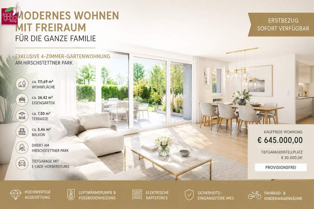 4-ZIMMER-FAMILIENTRAUM MIT GARTEN, TERRASSE &amp; BALKON auf zwei Etagen, PROVISIONSFREIER ERSTBEZUG IN 1220 WIEN