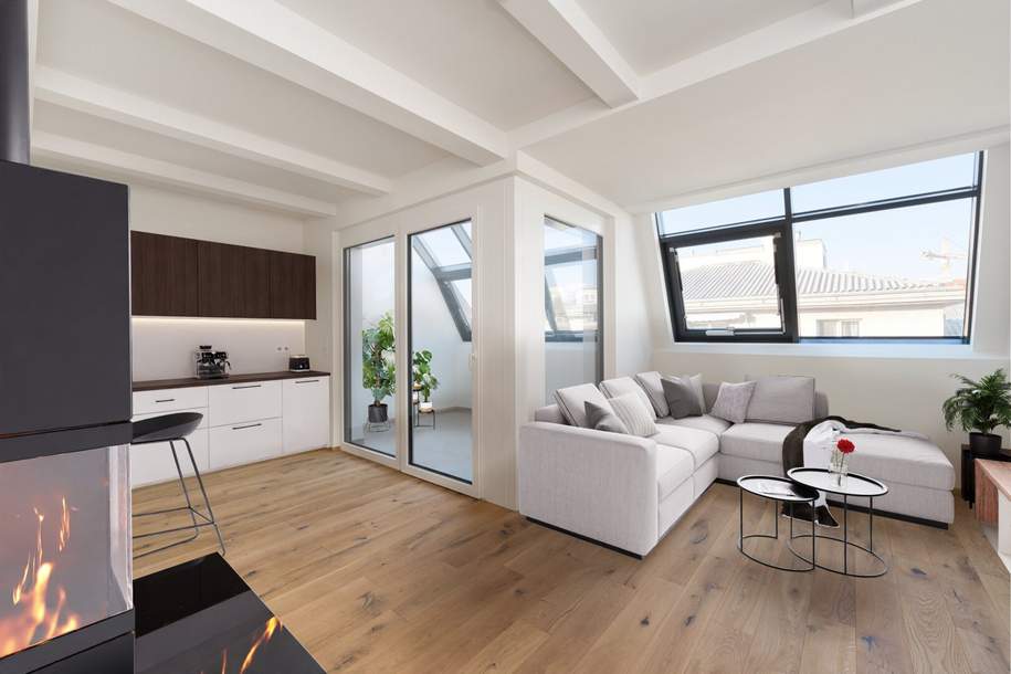 Erstbezug bei Hauptbahnhof! Gemütliches Wohnen mit Kaminfeuer und Wintergarten! 77,5 m2 Dachgeschoss, Wohnung-kauf, 449.000,€, 1100 Wien 10., Favoriten