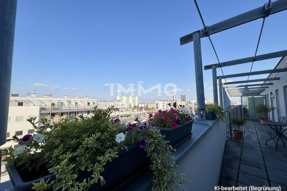 Lichtdurchflutete 2-Zimmer-Wohnung (möbliert) mit großer Terrasse im letzten Liftstock, Wohnung-miete, 995,49,€, 1220 Wien 22., Donaustadt
