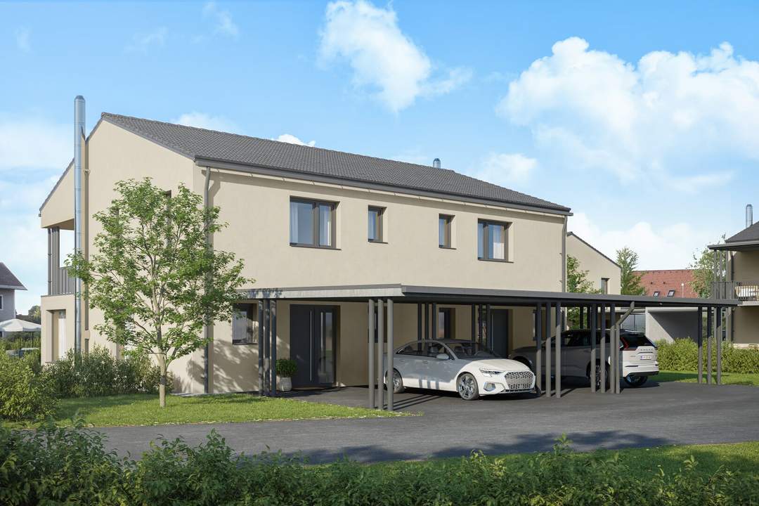 Edel- Rohbau Neubau- Doppelhaushälfte mit 99m² in sehr guter Lage mit Terrasse und Eigengarten sowie zwei eigene Carports