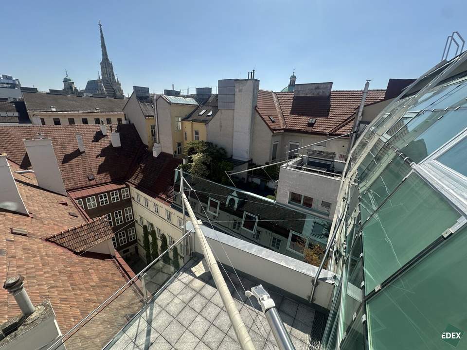 Exclusive Vienna duplex with sun-filled glass front, outdoor areas &amp; St. Stephen’s Cathedral View