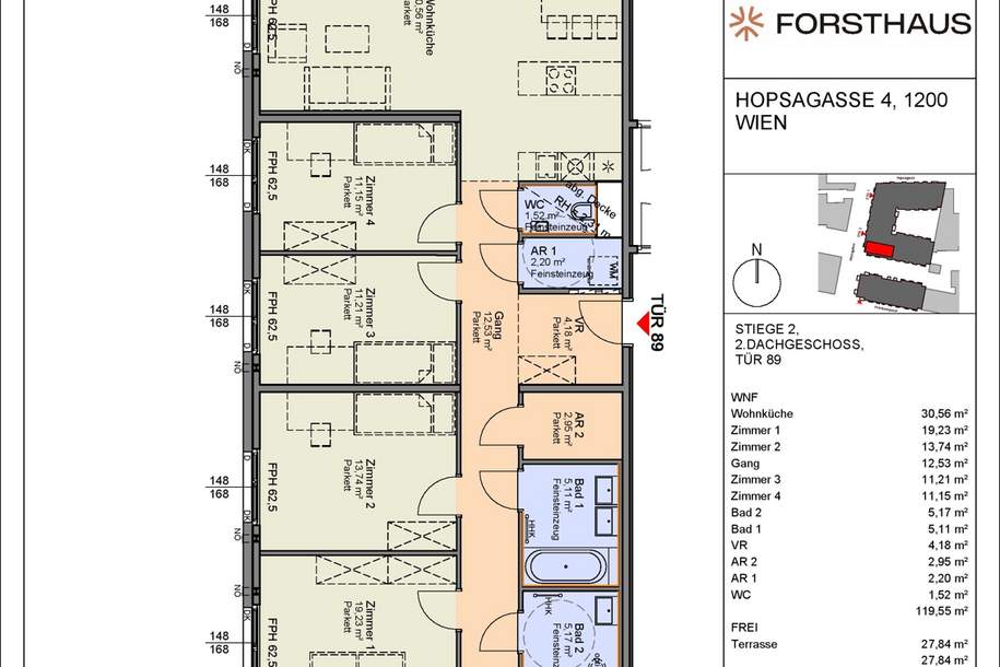 FORSTHAUS - DACHGESCHOSS 5 Zimmer mit Terrasse Nähe Donaukanal (HO2.89), Wohnung-kauf, 813.000,€, 1200 Wien 20., Brigittenau