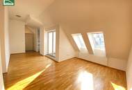 Moderne Dachgeschosswohnung mit großer Terrasse nahe Arthaberplatz in ruhiger Seitengasse! Hohe Decken und Traumbad mit Fenster