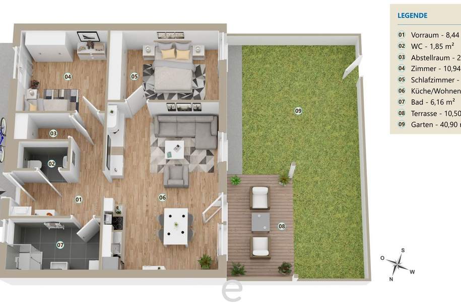 Wohnen wie in einer Ferienanlage - Erdgeschosswohnung 68,32m² mit Eigengarten und Tiefgaragenplatz, Wohnung-kauf, 371.000,€, 4600 Wels(Stadt)