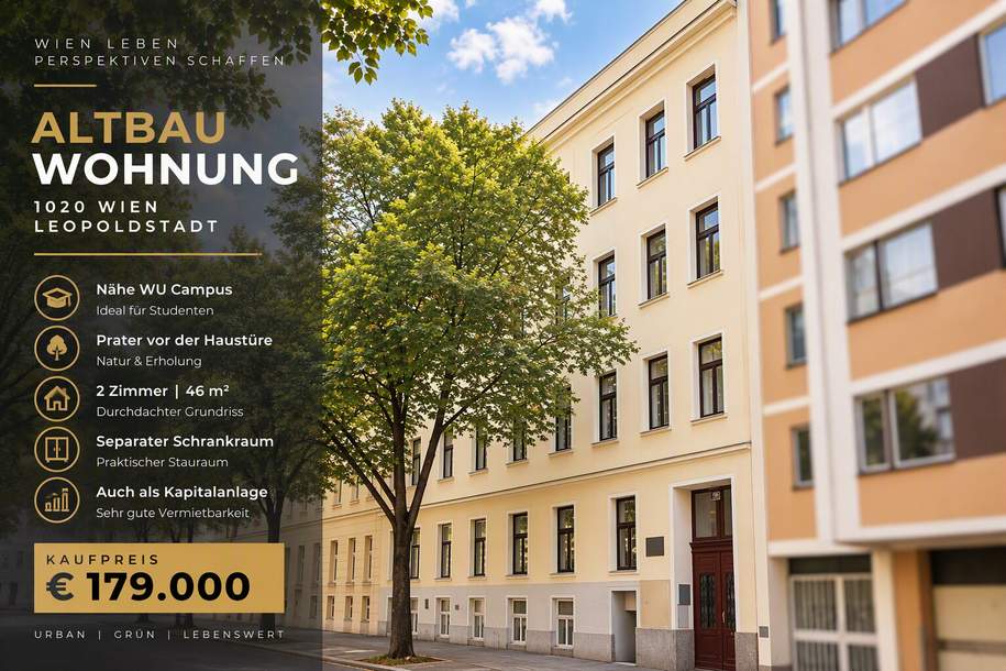 Altbauwohnung nahe WU &amp; Prater | 2 Zimmer | Schrankraum | Perfekt für Studenten &amp; Eigennutzer, Wohnung-kauf, 179.000,€, 1020 Wien 2., Leopoldstadt