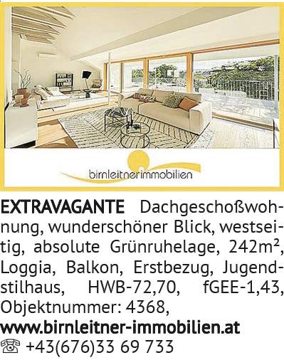 EXTRAVAGANTE Dachgeschoßwohnung, wunderschöner Blick, westseitig, absolute Grünruhelage, 242m²,