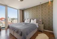 PENTHOUSE ohne SCHRÄGEN mit Vollverglasung und Wellnessterrasse inkl. Sauna und Blick über Wien - außergewöhnliche RARITÄT mit 2x Tiefgaragenplätzen im Haus / Kaufpreis inkl. LUXUS-Möblierung