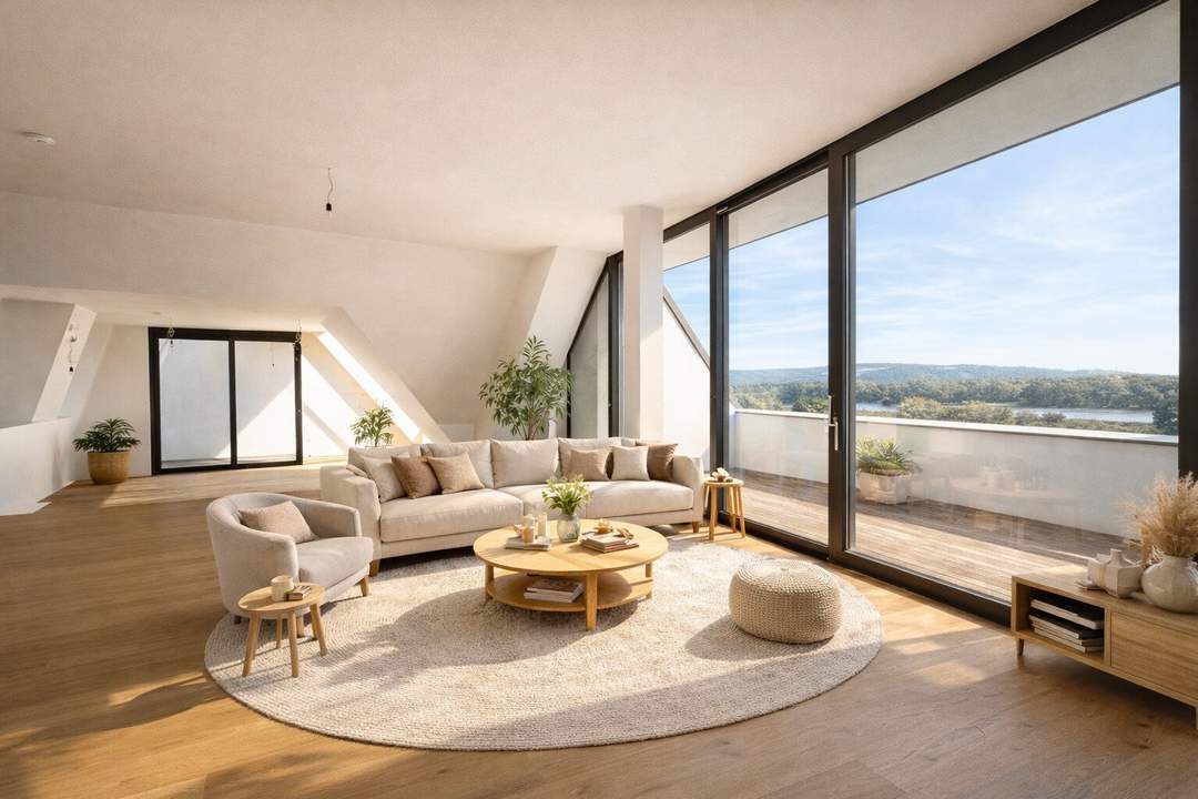 ERSTBEZUG MIT BADESTEG AM WASSER: Ruhelage mit Fernblick über die Donau I großzügige Terrassen I ca. 100 m² Wohnküche I 2 Garagenplätze &amp; 2 Kellerabteile