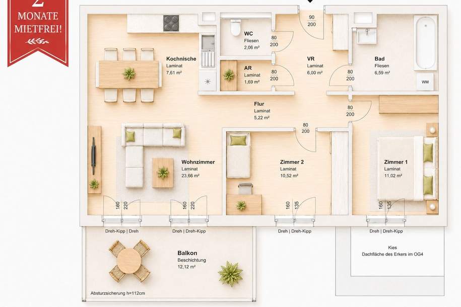 2 MONATE MIETFREI | 3-Zimmer-Wohnung mit sonnigem Balkon, Wohnung-miete, 912,20,€, 8020 Graz(Stadt)