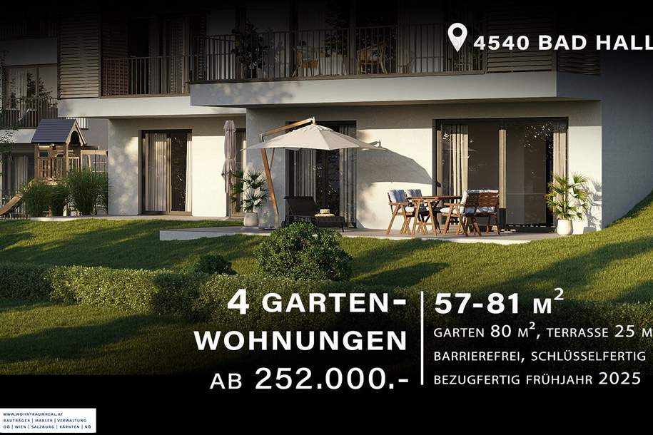 4 Gartenwohnungen in Bad Hall JETZT zum Verkauf: barrierefrei, schlüsselfertig, zum TOP-Preis! Baufertigstellung 1. Quartal 2025, Wohnung-kauf, 252.000,€, 4540 Steyr-Land
