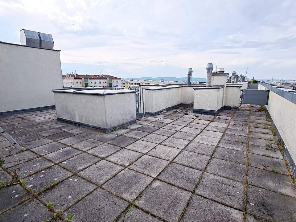 TERRASSENHIT, 61 m2 Dachgeschoß mit 48 m2 Terrasse, Wohnküche, 1 Zimmer, Wannenbad, Parketten, Fernblick, Holbeingasse