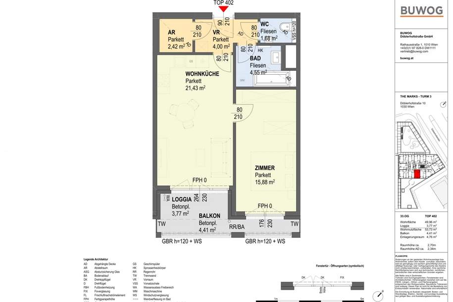 HELIO TOWER, U3-Nähe: Schöne 2-Zimmer-Wohnung mit Loggia über den Dächern Wiens, PROVISIONSFREI, Wohnung-kauf, 399.000,€, 1030 Wien 3., Landstraße