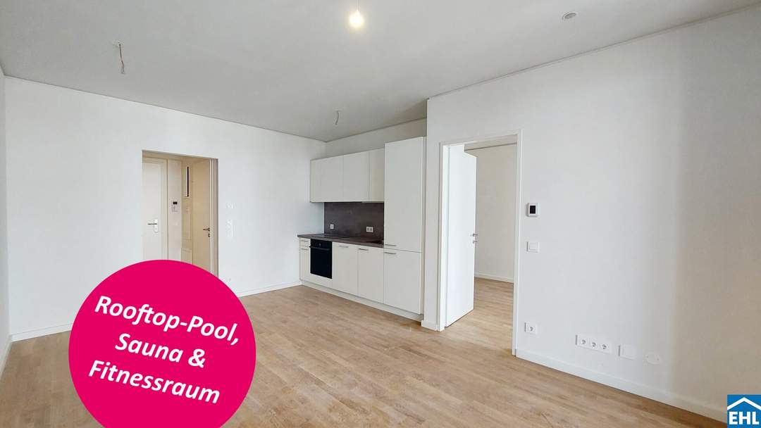 Wohnen mit Skyline-Flair – Rooftop Pool & Fitness bei der U1