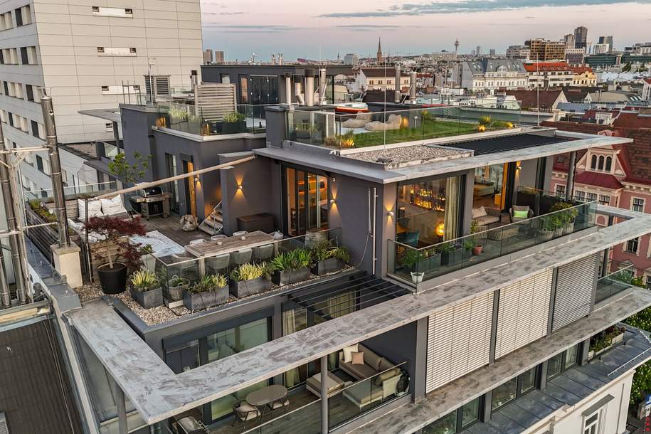 PENTHOUSE ohne SCHRÄGEN mit Vollverglasung und Wellnessterrasse inkl. Sauna und Blick über Wien - außergewöhnliche RARITÄT mit 2x Tiefgaragenplätzen im Haus / Kaufpreis inkl. LUXUS-Möblierung, Wohnung-kauf, 2.690.000,€, 1020 Wien 2., Leopoldstadt