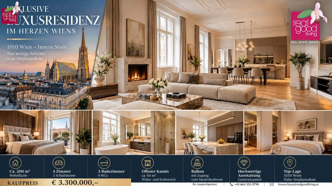 EXKLUSIVE LUXUSRESIDENZ IM HERZEN WIENS – CA. 200 M² WOHNKOMFORT, KAMIN, 3 SCHLAFZIMMER &amp; BALKON