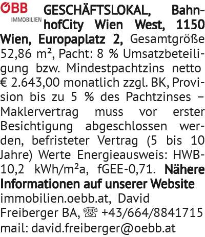 GESCHÄFTSLOKAL, BahnhofCity Wien West, 1150 Wien, Europaplatz 2, Gesamtgröße 52,86 m², Pacht: 8