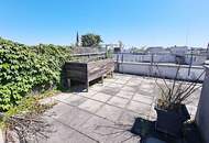 TERRASSENHIT, U1-NÄHE, 84 m2 Dachgeschoß mit 30 m2 Terrasse, 2 Zimmer, Wohnküche, 2 Bäder, Parketten, Viktorgasse