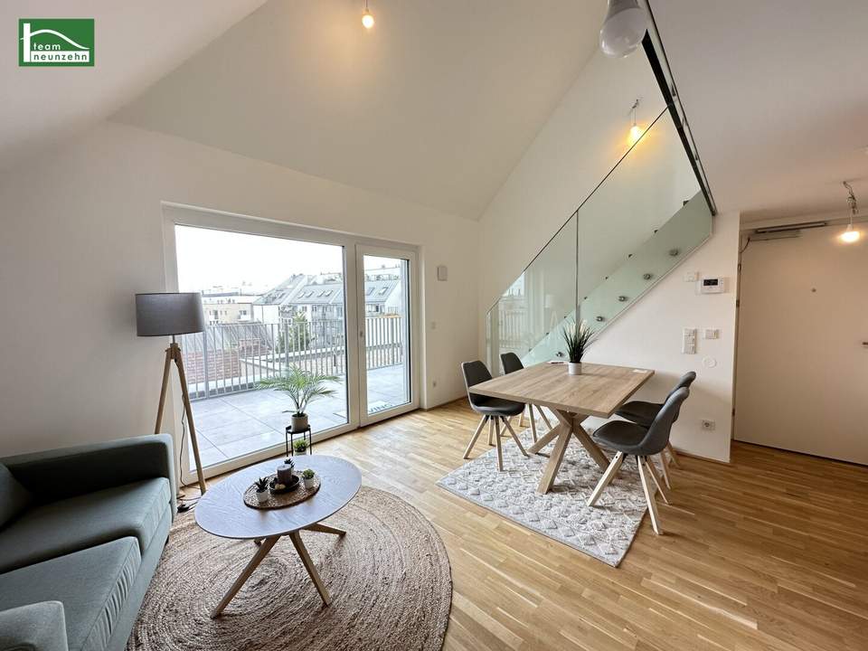 Traumhafte Erstbezugs-Maisonette mit Galerie, großer Terrasse und Weitblick nahe Kagraner Platz! Hochmoderne Ausstattung und Küche inkludiert!