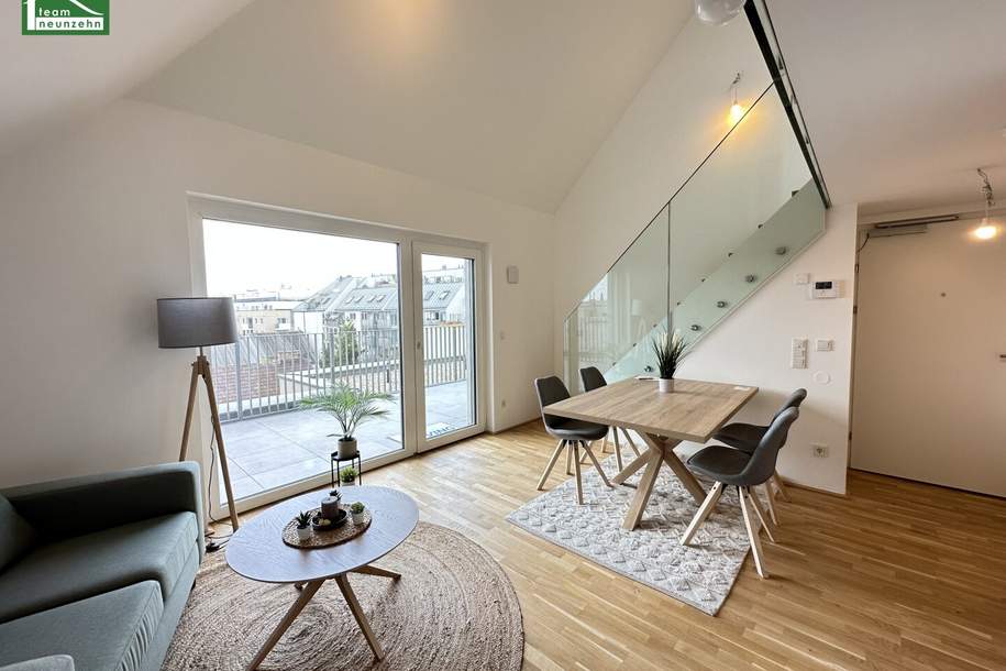 Traumhafte Erstbezugs-Maisonette mit Galerie, großer Terrasse und Weitblick nahe Kagraner Platz! Hochmoderne Ausstattung und Küche inkludiert!, Wohnung-kauf, 479.000,€, 1220 Wien 22., Donaustadt