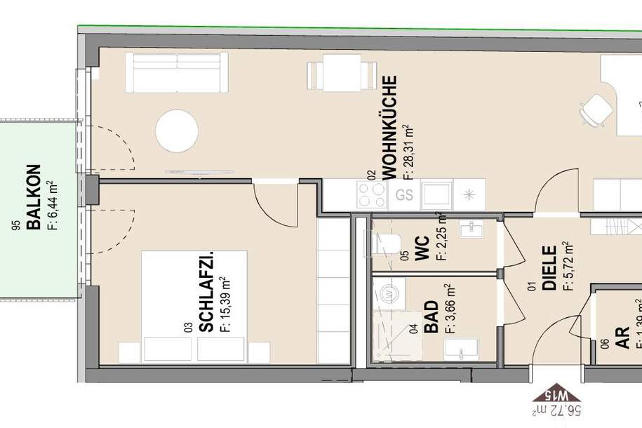 Geförderte Neubauwohnung mit Balkon im 4. Stock, Wohnung-miete, 831,75,€, 8020 Graz(Stadt)