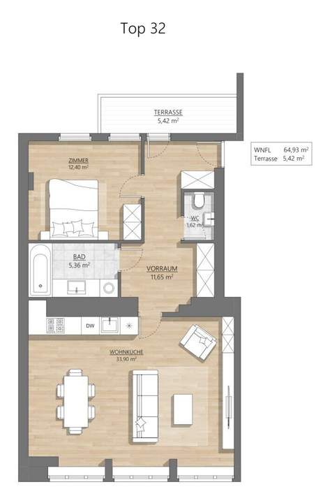 Dachwohnung - Charmante 64,70m2 Eigentumswohnung mit 5,42 m2 Terrasse - Nähe U3