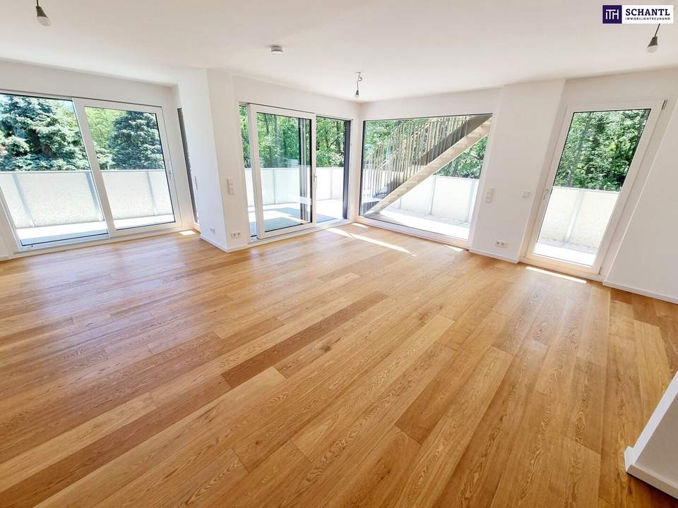 Ein Platz, der mehr kann als wohnen. Geniale Neubauwohnung mit WOW-Effekt! Riesiger Balkon und Terrasse + Privater Dachgarten + Grün wohin das Auge reicht + Luftwärmepumpe!