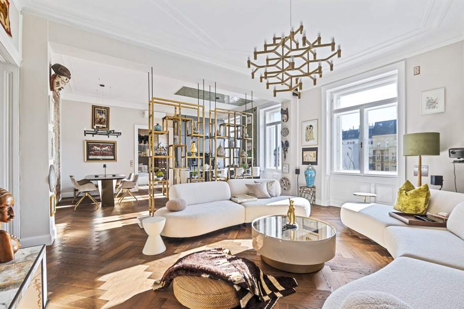 The essence of Vienna - Exklusives Altbaujuwel am Naschmarkt – 167 m² zeitlose Eleganz, kuratierte Designkunst und Blick auf Wiens neuen Naschpark, Wohnung-kauf, 2.190.000,€, 1060 Wien 6., Mariahilf
