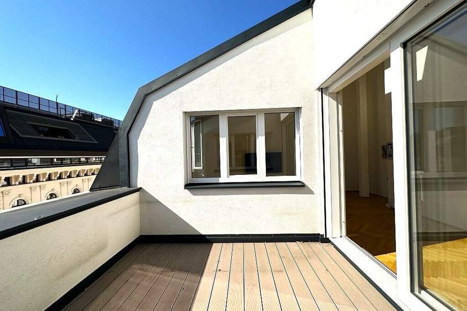 BÖRSE-NÄHE, klimatisiertes 98 m2 Dachgeschoss mit 9 m2 Terrasse, 3 Zimmer, Extraküche, 2 Bäder, Gonzagagasse, Wohnung-miete, 2.875,91,€, 1010 Wien 1., Innere Stadt