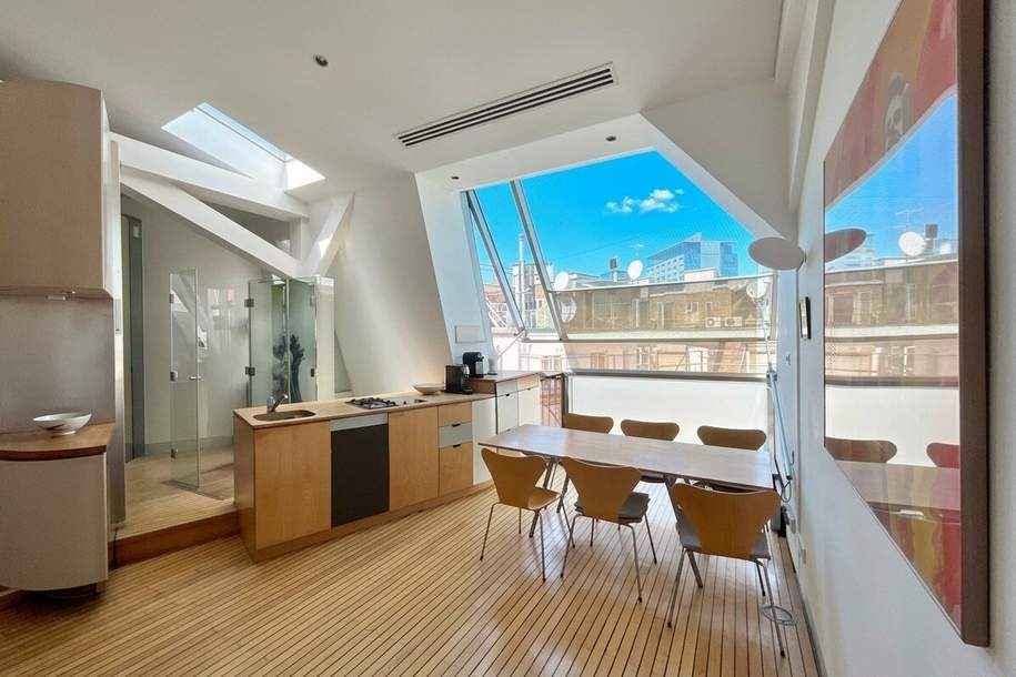 Yacht-inspirierte Architektur und dynamischer Balkon | Nähe Urania | Loftartige Dachgeschosswohnung | U1 &amp; U4 Nähe, Wohnung-miete, 1.276,06,€, 1010 Wien 1., Innere Stadt