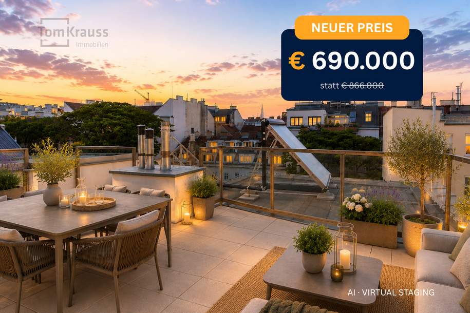 SONNE. WEITBLICK. DACHTERRASSE – 2-ZIMMER-DACHGESCHOSSWOHNUNG MIT VIEL FREIRAUM, Wohnung-kauf, 690.000,€, 1060 Wien 6., Mariahilf