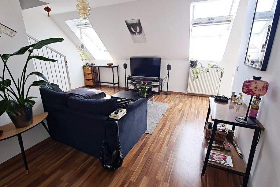 DACHGESCHOSS, U3-NÄHE, 55 m2 Maisonette, 2 Zimmer, Kochnische, Duschbad, Fernblick, Meiselstraße, Wohnung-miete, 814,35,€, 1150 Wien 15., Rudolfsheim-Fünfhaus