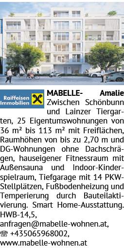 MABELLE- Amalie Zwischen Schönbunn und Lainzer Tiergarten, 25 Eigentumswohnungen von 36 m² bis