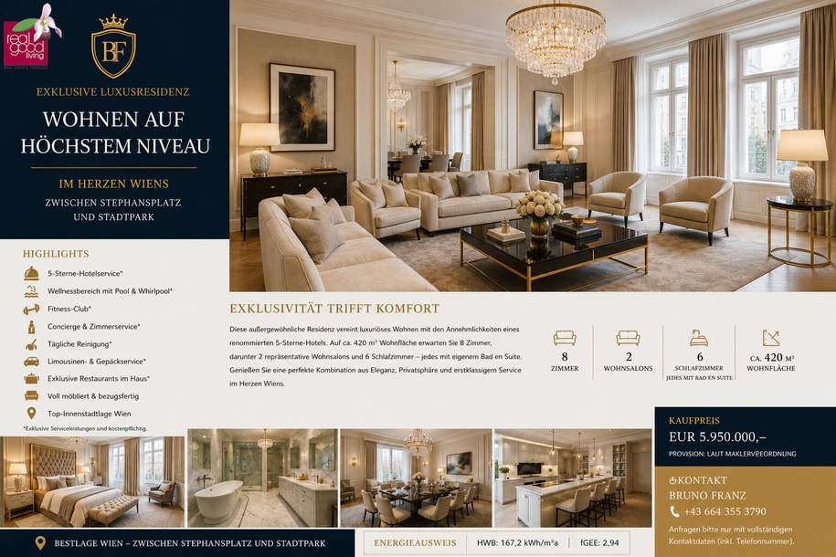 Luxusresidenz mit 420 m² im 5-Sterne-Hotel,8 Zimmer, 6 Schlafzimmer mit Bad en Suite + Concierge &amp; Wellness in Top-Lage von Wien, Wohnung-kauf, 5.950.000,€, 1010 Wien 1., Innere Stadt
