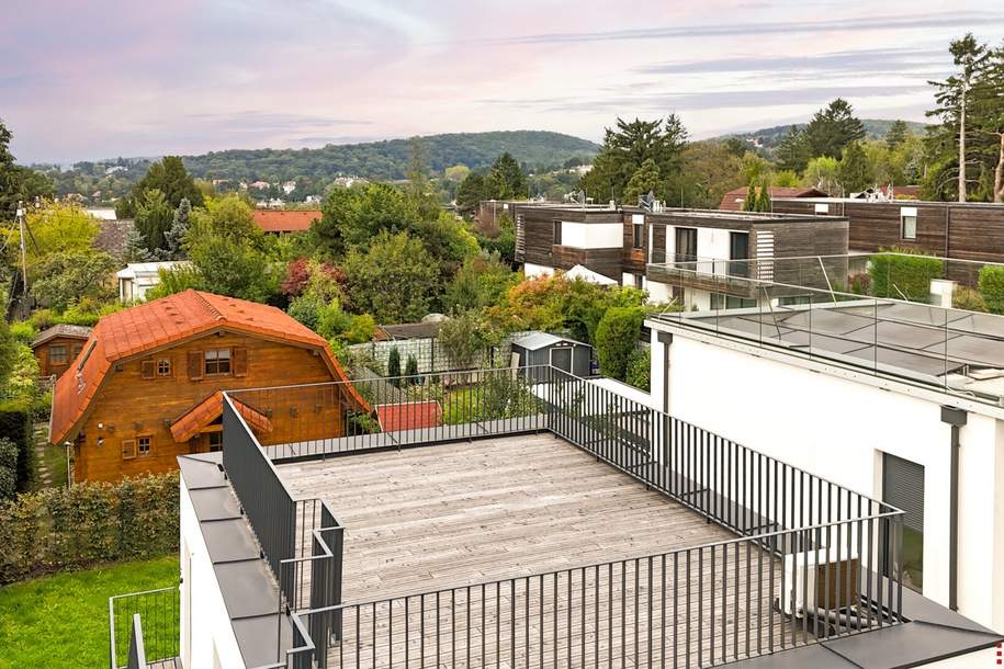 MINI VILLA AM HACKENBERG MIT CA. 37m² DACHTERRASSE UND IMPOSANTEM WEITBLICK AUF DIE CITY - EIGENGRUND IM KLEINGARTEN - GANZJÄHRIG BEWOHNBAR, Haus-kauf, 849.000,€, 1190 Wien 19., Döbling