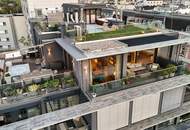 PENTHOUSE ohne SCHRÄGEN mit Vollverglasung und Wellnessterrasse inkl. Sauna und Blick über Wien - außergewöhnliche RARITÄT mit 2x Tiefgaragenplätzen im Haus / Kaufpreis inkl. LUXUS-Möblierung